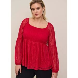 NWT Torrid Women’s Babydoll Stretch Lace‎ Smocked Bodice Top Size 1X 14-16 Red